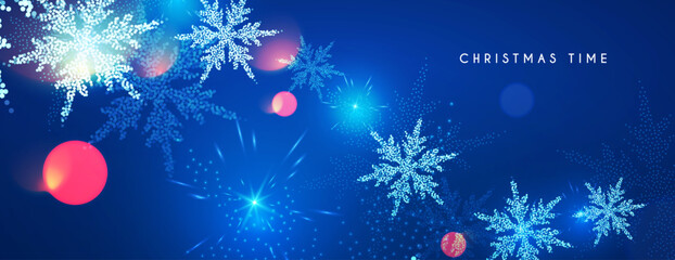 Wall Mural - merry christmas and happy new year design with snowflakes and lights. shining winter background.
