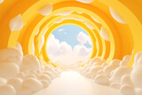 Fototapeta Perspektywa 3d - 3d render, abstract minimal yellow background with white clouds flying out the tunnel