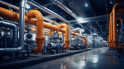 Industrial area. Steel pipelines valves and pumps in huge factory building