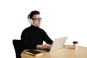 Programmer guy with headphones uses a laptop computer on the table, a smart person. Transparent background, png.