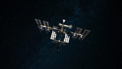 Fototapete - ISS space station flies in starry space and explores deep space. Space mission and ISS.