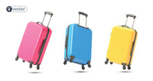 Yellow, Blue And Pink Suitcase Flying On White Background. Suitcase Plastic Bag Flying, Creative Journey Concept, Travel Concept. 3d Vector Icon Set