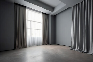 Wall Mural - Empty room with a curtain and grey wall for mockup,ai generated