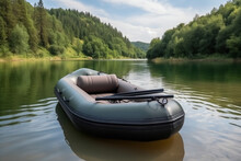 Empty Green Inflatable Boat On The River,ai Generated