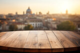 Fototapeta Las - The empty wooden table top with blur background of Rome. Exuberant image.for mounting your product. digital art. High quality photo
