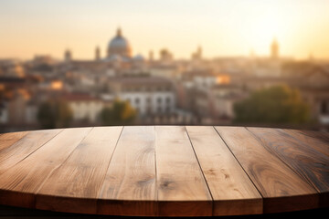 the empty wooden table top with blur background of rome. exuberant image.for mounting your product. 