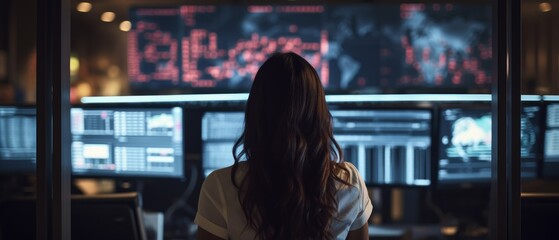 A woman works on several computer screens. Generative AI