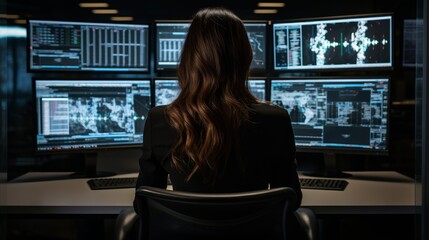 A woman works on several computer screens. Generative AI