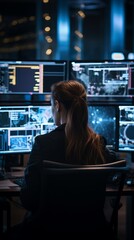 A woman works on several computer screens. Generative AI