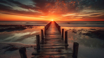 Wall Mural - A long wooden jetty over water with a vibrant sunset. Tranquil beach image with no people. Holiday or vacation travel image.