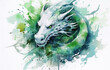 Green Dragon. Watercolor illustration on white background. Symbol of the year 2024. Beautiful composition for calendar and postcard design. 