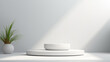© Artofinnovation - White product background or empty blank space room design and window light minimal shadow display platform stage on interior podium pedestal scene backdrop stand with studio showcase. 3D render