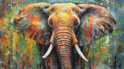 Wall Mural - Elephant  form and spirit through an abstract lens. dynamic and expressive Elephant print by using bold brushstrokes, splatters, and drips of paint.  Elephant raw power and untamed energy