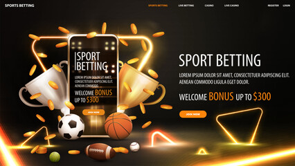 Sport betting, black and gold banner with smartphone with champion cups, sport balls and falling gold coins in black scene with neon triangle frame in scene with neon gold triangles around
