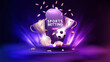 Smartphone with champion cups, falling coins and sport balls on podium with lighting of spotlights. Sport betting poster