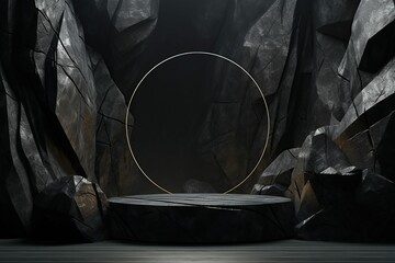 black geometric stone and rock shape background, minimalist mockup for podium display or showcase, g