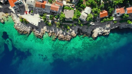 Wall Mural - Aerial top down view of the Primosten town coast in Croatia