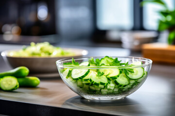 Sliced cucumbers in clear glass bowl on kitchen counter