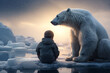 Child and polar bear watching glaciers melt