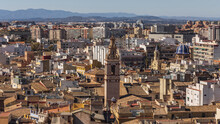 Spain, Valencia, Old Town Buildings Rooftops And Church Tower