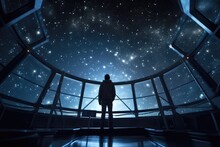 At A High - Tech Observatory, An Astronomer Peers Through A Giant Telescope Into The Star - Studded Sky. Generative AI