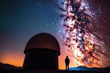 Wall Mural - An astrophysicist gazes through a large telescope under the clear night sky. Generative AI