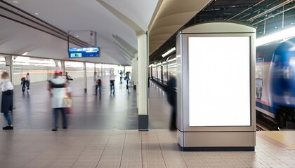 Empty advertising billboard in a train station with blurred people, Generative AI