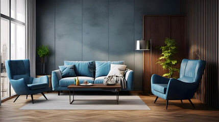 Dark blue sofa and recliner chair in scandinavian apartment. Interior design of modern living room
