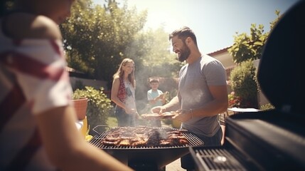 a photo of a american family and friends having a picnic barbeque grill in the garden. having fun ea