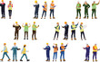 © Mykhailo Shvets - Hand-drawn set of male and female workers with helmets and vests. Workers in different poses and color options. Vector flat style illustration isolated on white