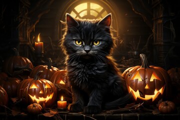 Wall Mural - Black cat as a symbol of superstition and pumpkin. Halloween concept. AI generated, human enhanced