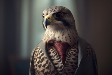 Wall Mural - Anthropomorphic falcon dressed in a suit like a businessman. Business Concept. AI generated, human enhanced.