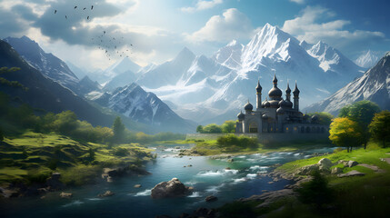 Wall Mural - a mosque in mountains and a river is flowing near it post for jummah muabarak 
