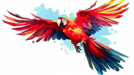 Beautifully red parrot macaw bird in color transparency isolated on white background