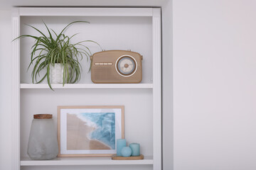 Sticker - Interior design. Shelves with stylish accessories, potted plant and pictures near white wall. Space for text