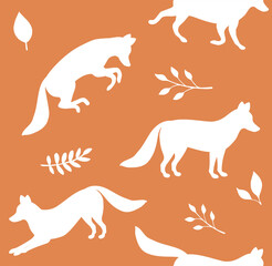 Canvas Print - Vector seamless pattern of hand drawn fox and branch silhouette isolated on orange background