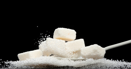 Wall Mural - Pure Refined Sugar cube flying explosion, white crystal sugar abstract cloud fly. Pure refined sugar cubes splash stop in air, food object design. Black background isolated selective focus blur