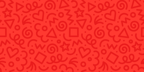 Wall Mural - Romantic red line doodle seamless pattern. Creative abstract style art background for party event or trendy design with basic shapes. Simple love scribble wallpaper print.