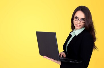 Sticker - Portrait of happy beautiful business woman hold laptop