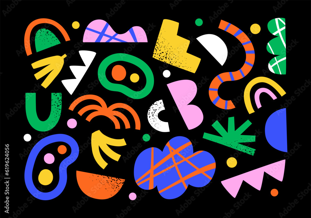 Set of colorful abstract shape doodle. Creative collage shapes collection. Funny drawing, geometric art on isolated background. Modern contemporary illustration cartoon bundle.