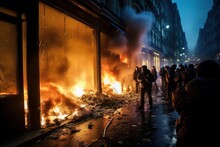 A Documentary Photo Of Revolutionary Riots And Protests. Burning Building And Cars In The City. Special Force Police With Equipment Catching Protesters In The Night. Generative AI