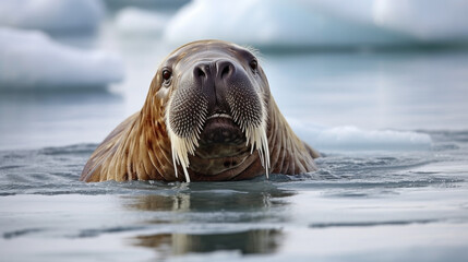 Wall Mural - a walrus swims in the water in the background are white ice floes. Generative AI