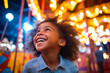 © MVProductions - Young girl experiencing wonder and joy at a summer amusement park, captivated by the bright lights and thrilling rides during her fun-filled vacation, generative ai