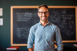 © MVProductions - Young male teacher standing in front of blackboard in classroom, generative ai