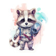 Cute astronaut raccoon cartoon in watercolor painting style