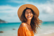 © MVProductions - Blissful smiling woman on a beach vacation, smiling broadly with joy, enjoying her long awaited holidaysBlissful smiling woman on a beach vacation, smiling broadly with joy, generative ai