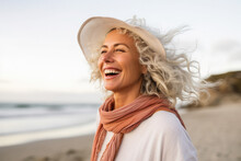Blissful Smiling Woman On A Beach Vacation, Smiling Broadly With Joy, Enjoying Her Long Awaited HolidaysBlissful Smiling Woman On A Beach Vacation, Smiling Broadly With Joy, Generative Ai