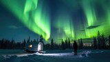 Fototapeta Na sufit - camper gazing at the Northern Lights in Lapland generative ai