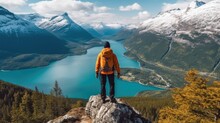 Hiker Overlooking The Stunning Fjords Of Norway Generative Ai