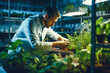 © MVProductions - Botanist inspecting plants in a lab using genetic engineering and hydroponics, Generative AI